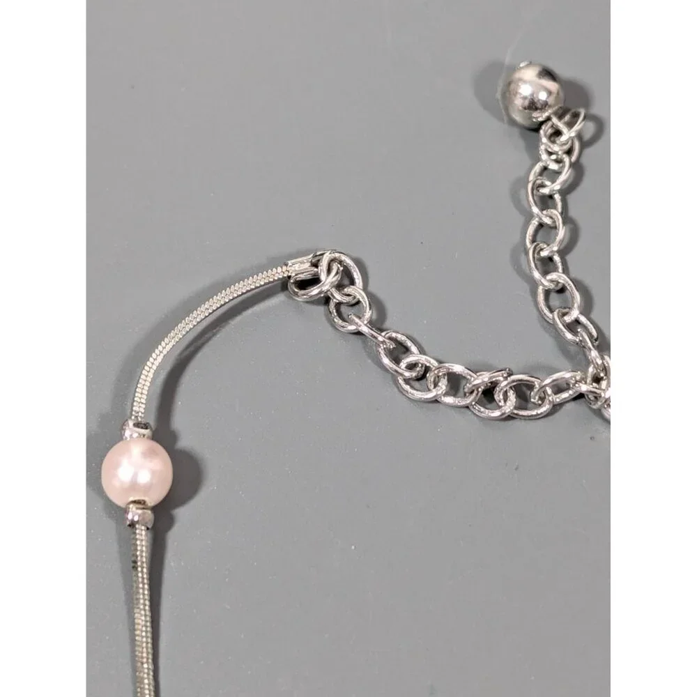 Silver Tone Faux Pearl Station Chain‎ Necklace Elegant Bridal Classic 19